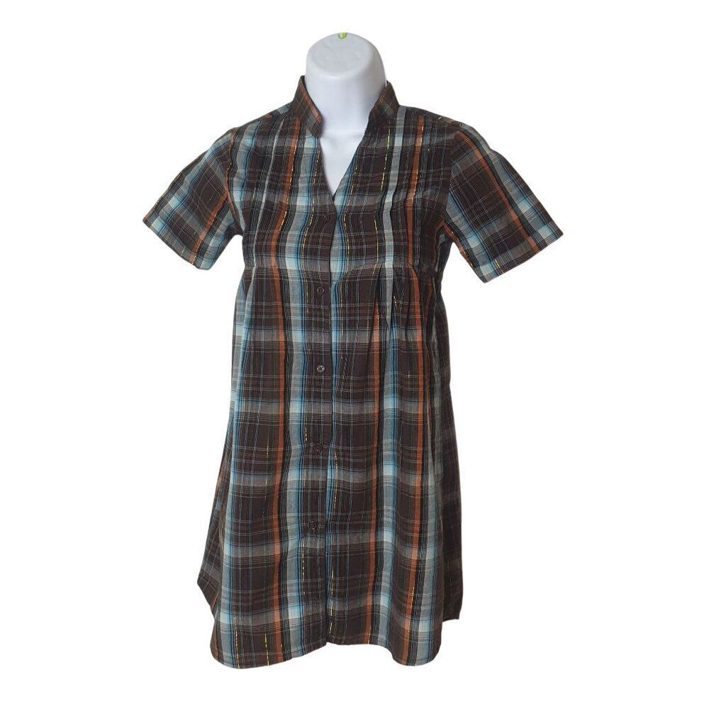 Pink Angel Girls Plaid Shirt Dress Sz 10 Metallic Accents Tie Waist Button Up